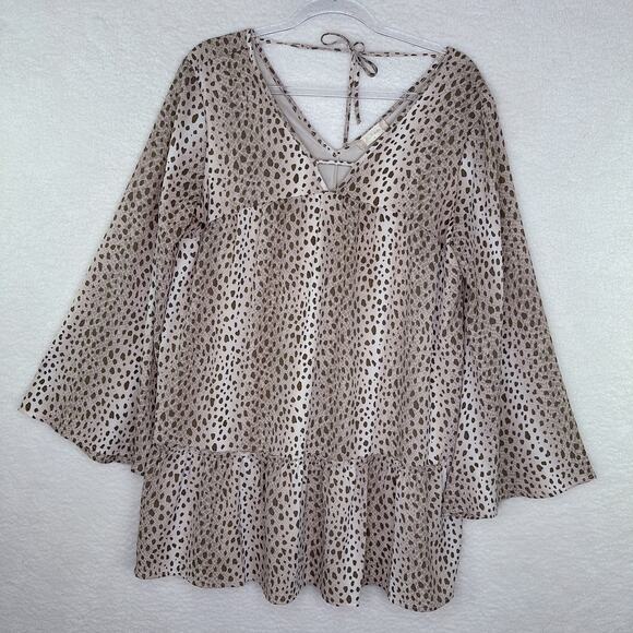 Altar'd State Dress Womens Medium Tan Brown Dot Boho Ruffle Tiered Flare Sleeve - Picture 1 of 13